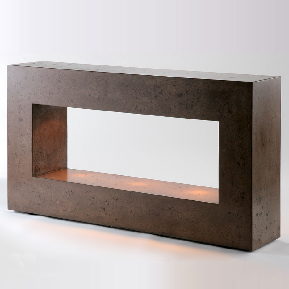 Rectangular console table cast in scagliola, with concealed LED lights onto shining onto lower shelf. On adjustable feet