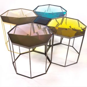 Faceted Tallis table cast in clear resin. Octagon and square combination showing Aquamarine, Citrus, Gold Quartz, Rose Quartz and Midnight Blue square