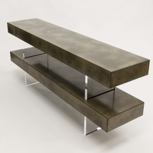 Long rectangular console table made of two scagliola beams with clear perspex uprights. surface resembles marble.