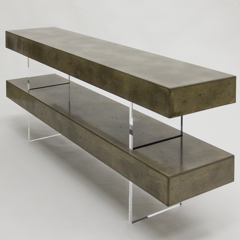 Long rectangular console table made of two scagliola beams with clear perspex uprights. surface resembles marble.