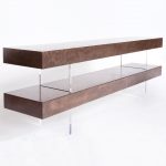 Long rectangular console table made of two scagliola beams with clear perspex uprights. surface resembles marble.