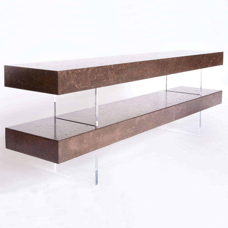 Long rectangular console table made of two scagliola beams with clear perspex uprights. surface resembles marble.