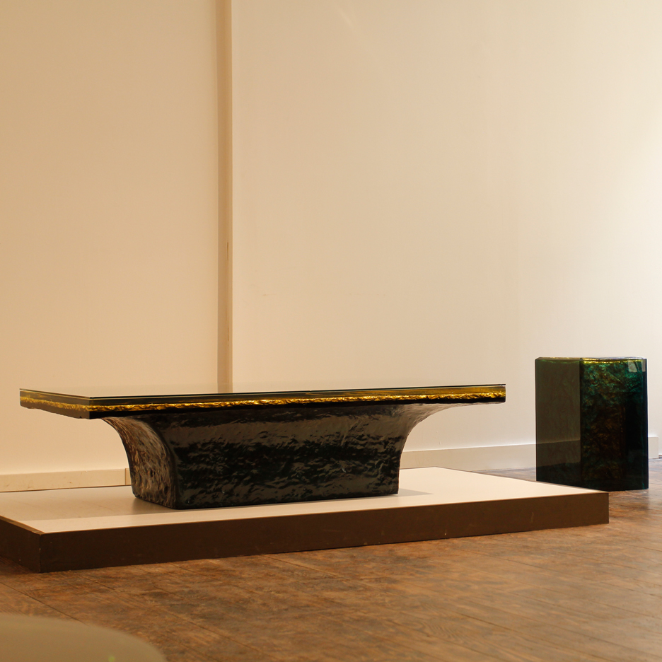 Abyssus 2 is a cast multi-coloured resin coffee table with a gilded textured core