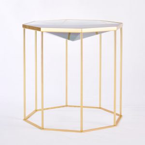 Faceted Tallis table cast in Siberian Green resin on brass cage-like base/frame.